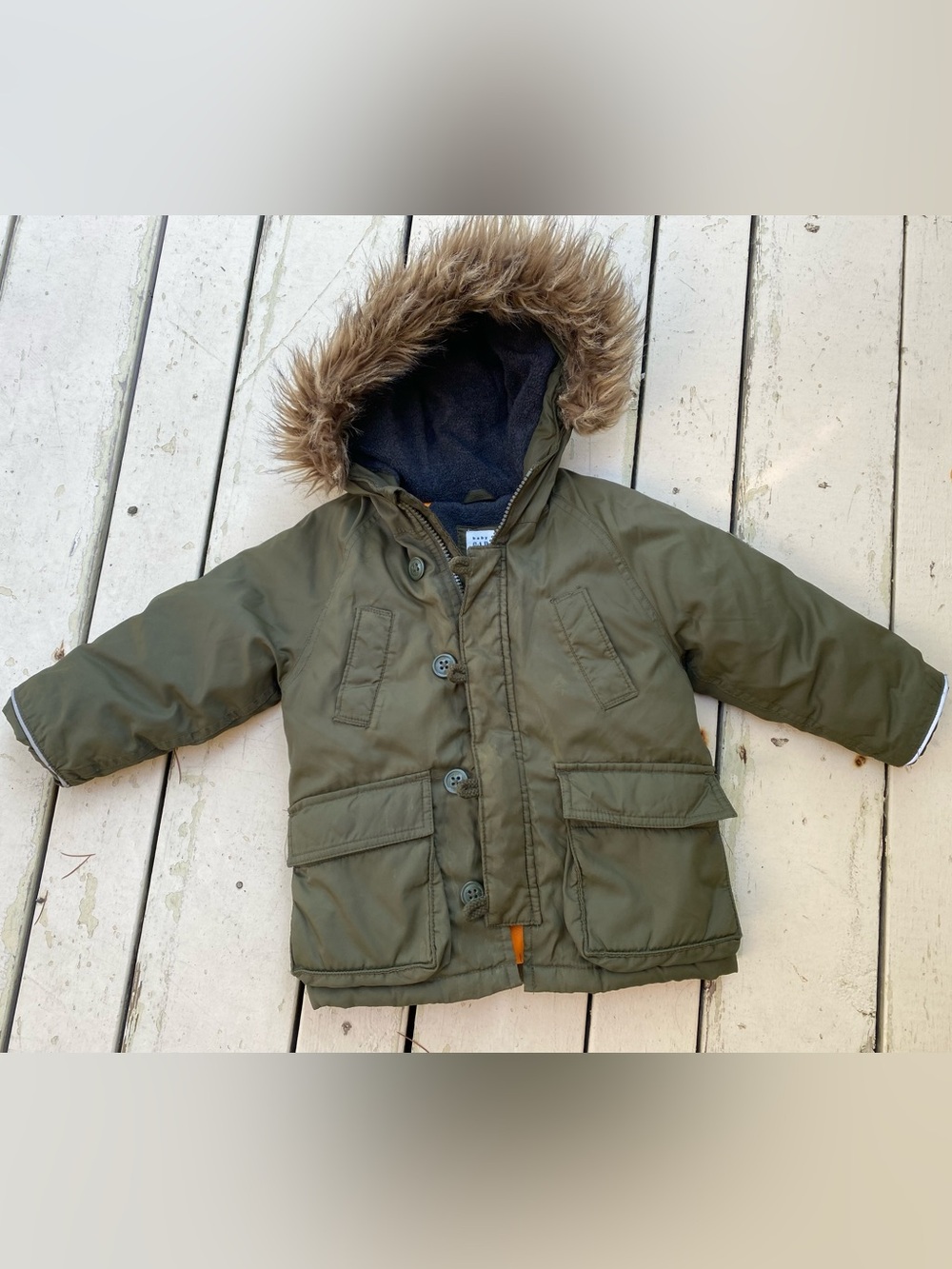 18-24m Baby GAP Olive Green Kids Hooded Down Coat Jacket with Faux Fur Trim